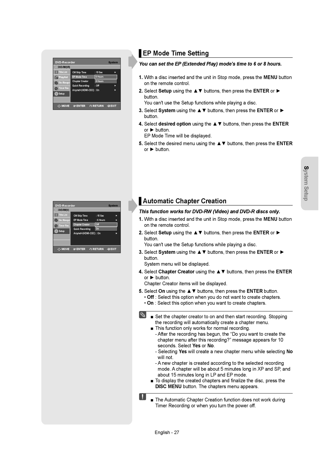 Samsung DVD-R155 instruction manual EP Mode Time Setting, Automatic Chapter Creation 