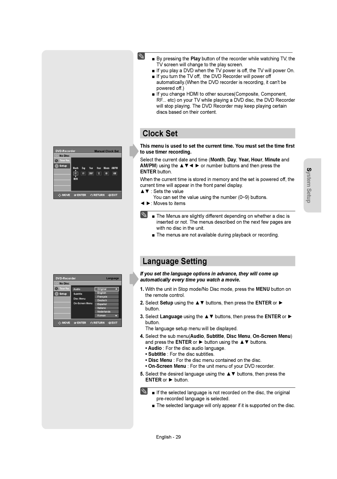 Samsung DVD-R155 instruction manual Clock Set, Language Setting 