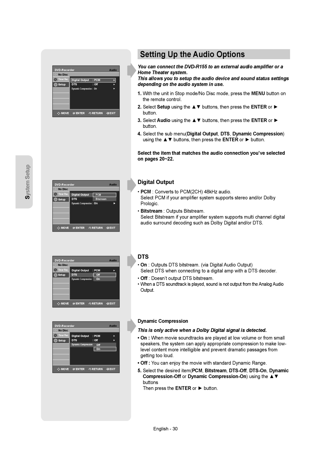 Samsung DVD-R155 instruction manual Setting Up the Audio Options, Digital Output, Dynamic Compression 