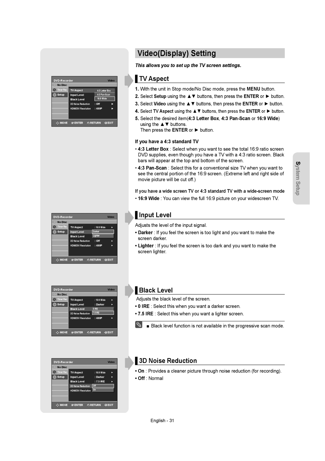 Samsung DVD-R155 instruction manual VideoDisplay Setting, TV Aspect, Input Level, Black Level, 3D Noise Reduction 