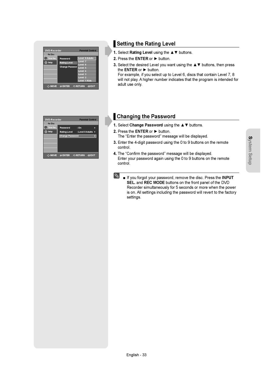 Samsung DVD-R155 instruction manual Setting the Rating Level, Changing the Password 