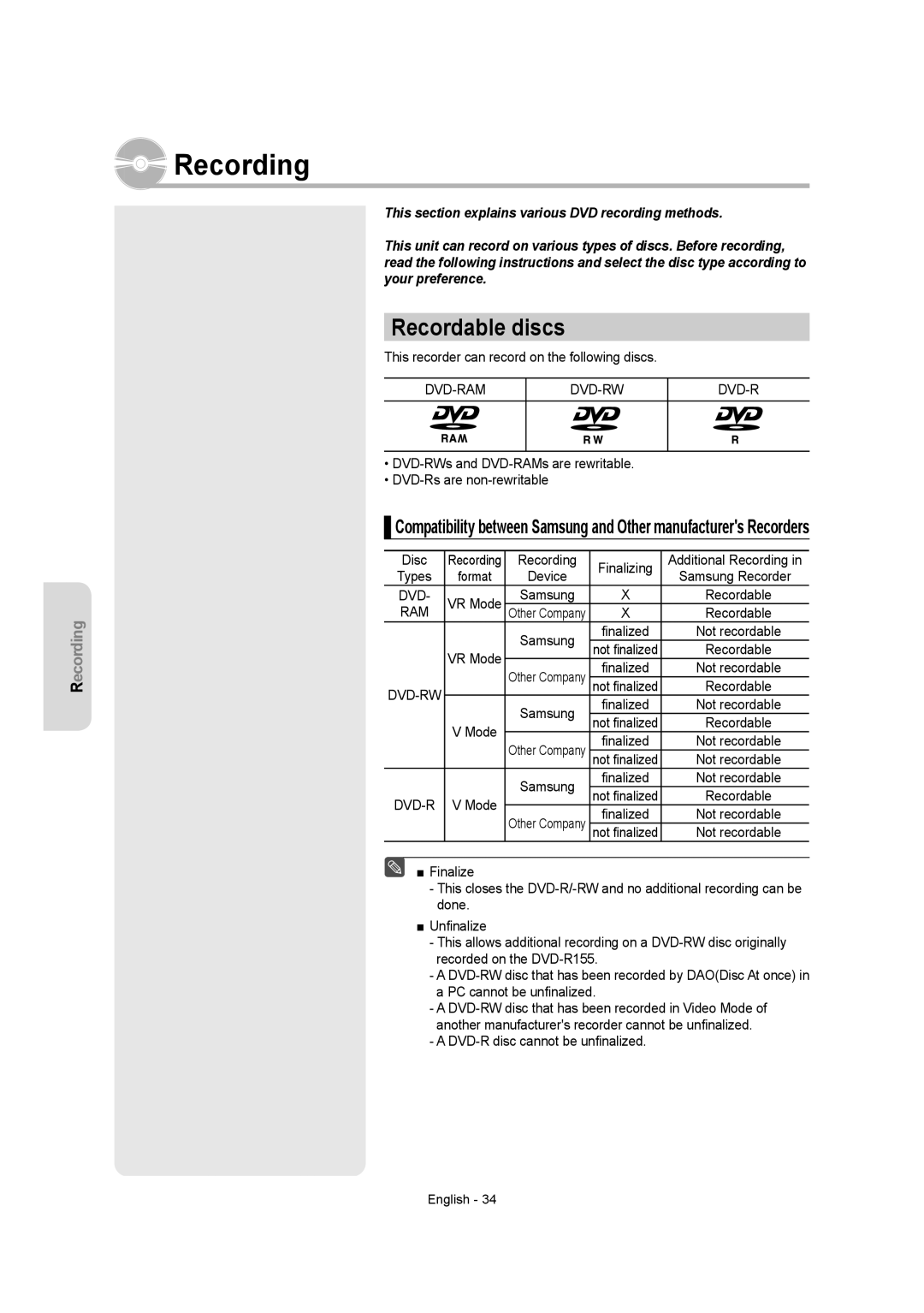 Samsung DVD-R155 instruction manual Recordable discs, Dvd-Ram Dvd-Rw 