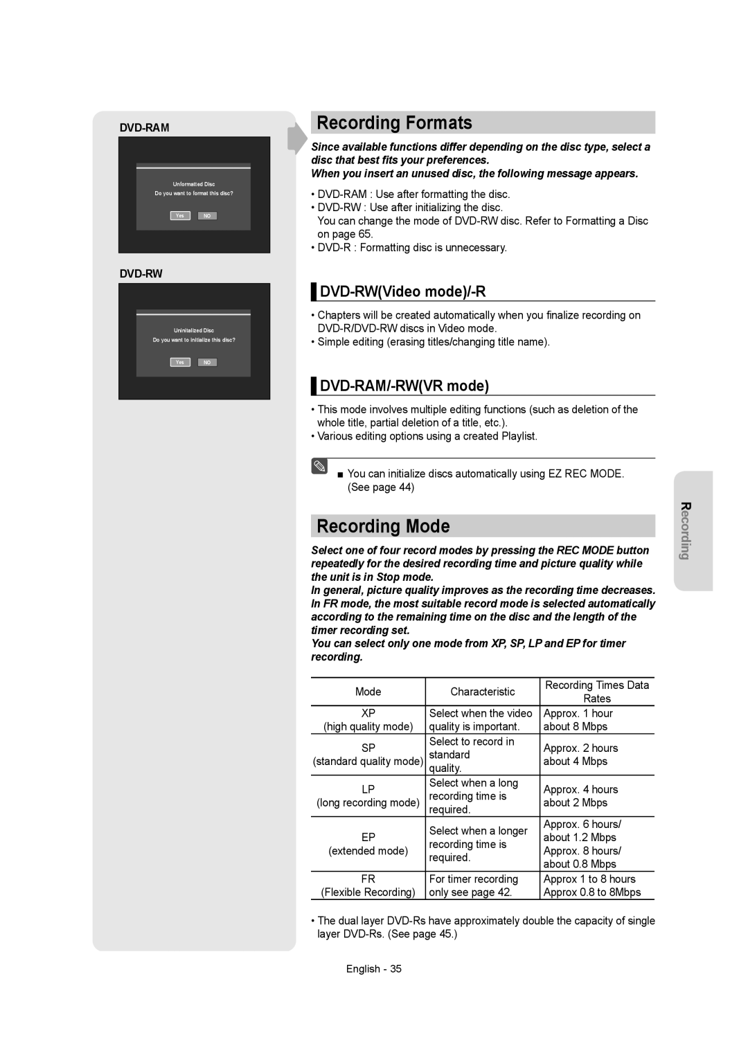 Samsung DVD-R155 instruction manual Recording Formats, Recording Mode, DVD-RWVideo mode/-R, DVD-RAM/-RWVR mode 