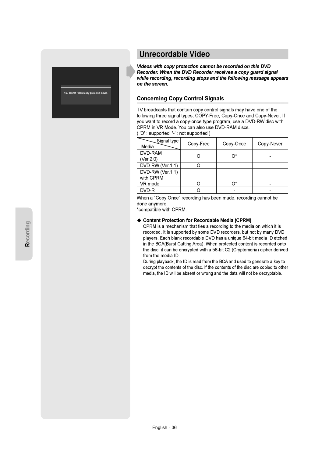 Samsung DVD-R155 instruction manual Unrecordable Video, Concerning Copy Control Signals, Dvd-Ram 