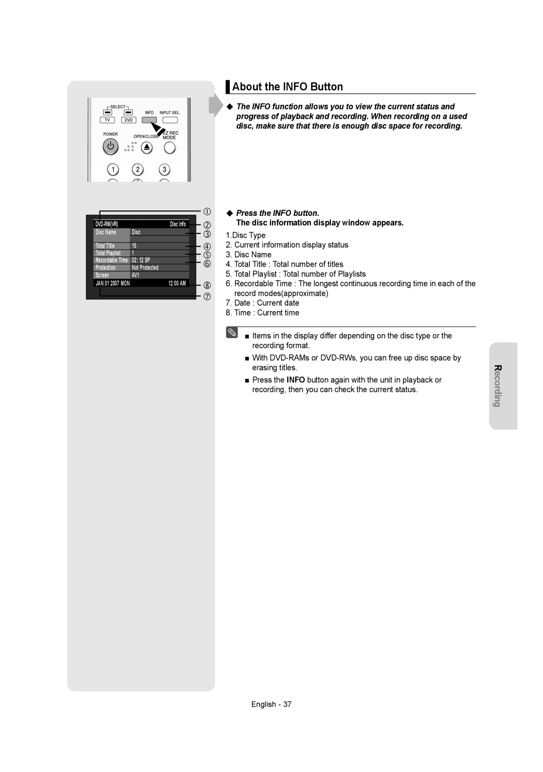 Samsung DVD-R155 instruction manual About the Info Button, Press the Info button, Disc information display window appears 