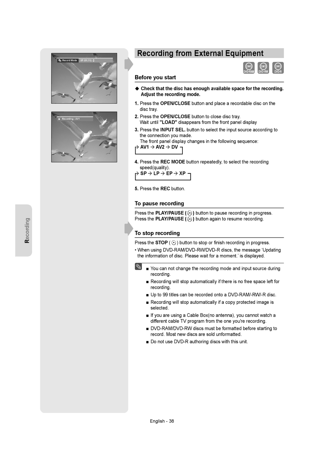 Samsung DVD-R155 Recording from External Equipment, Before you start, To pause recording, To stop recording 