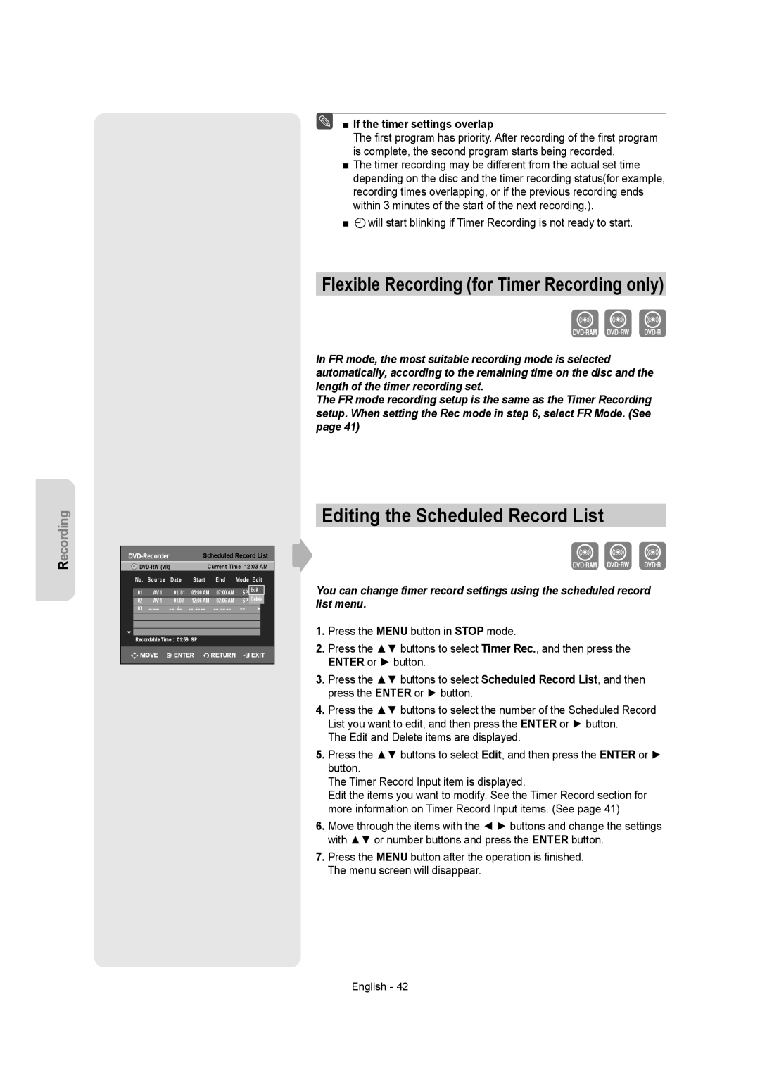 Samsung DVD-R155 instruction manual Editing the Scheduled Record List, If the timer settings overlap 