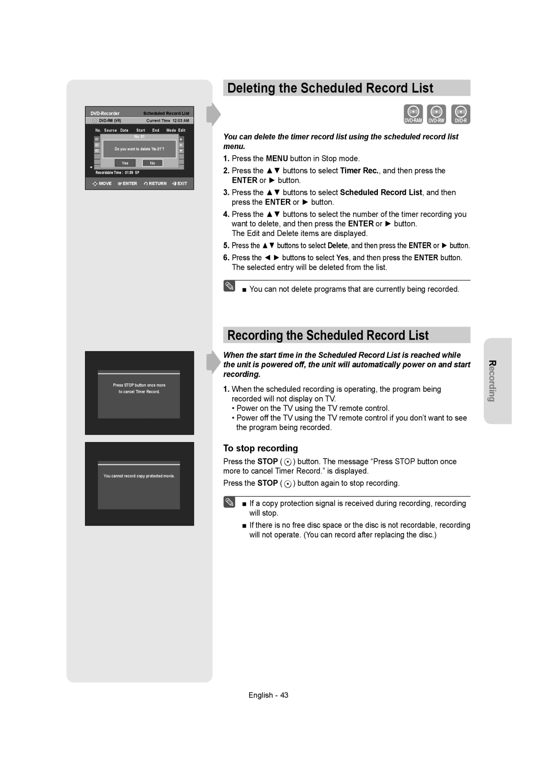 Samsung DVD-R155 instruction manual Deleting the Scheduled Record List, Recording the Scheduled Record List 