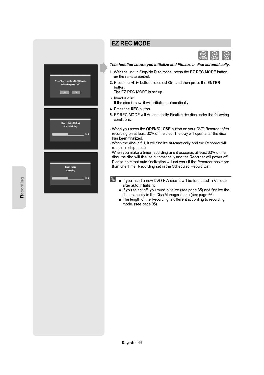 Samsung DVD-R155 instruction manual EZ REC Mode 