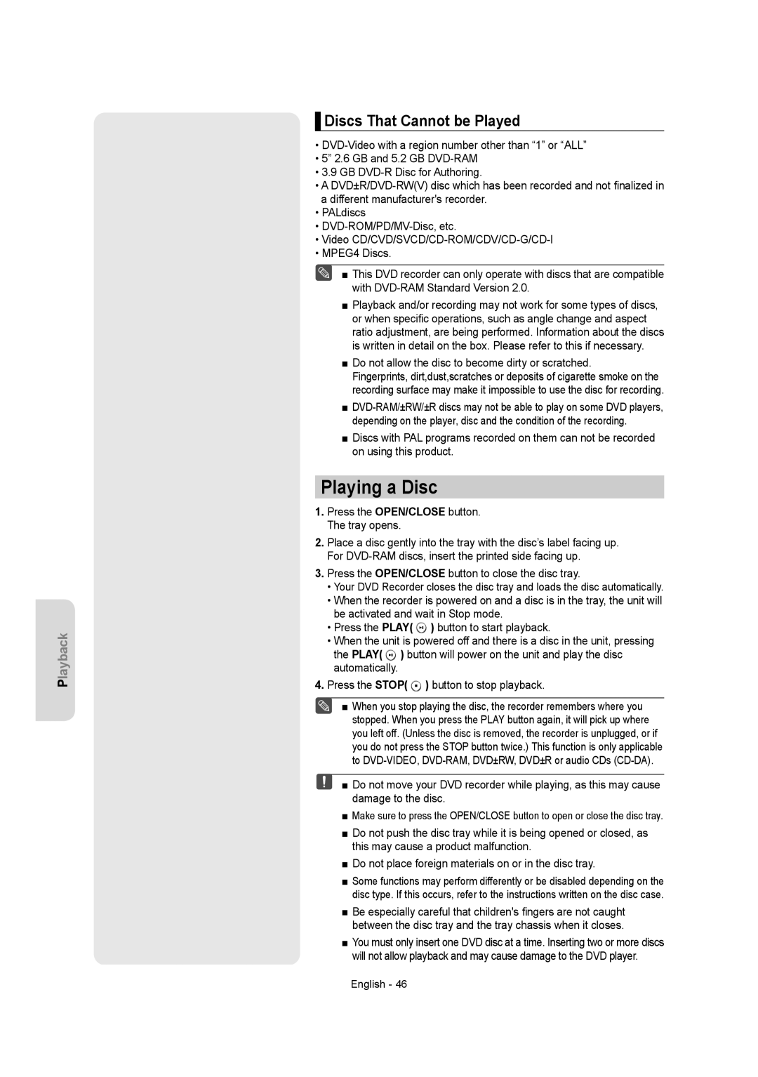 Samsung DVD-R155 instruction manual Playing a Disc, Discs That Cannot be Played 