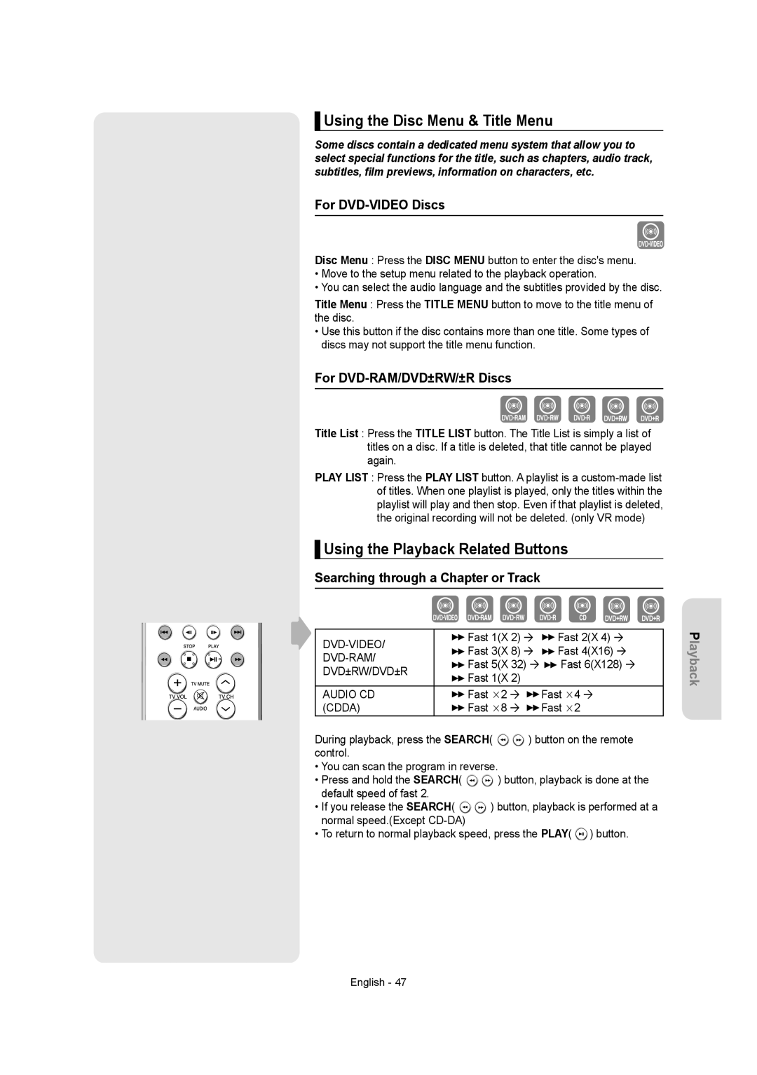 Samsung DVD-R155 Using the Disc Menu & Title Menu, Using the Playback Related Buttons, For DVD-VIDEO Discs 