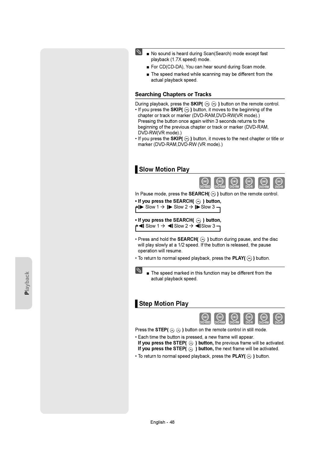 Samsung DVD-R155 Slow Motion Play, Step Motion Play, Searching Chapters or Tracks, If you press the Search 