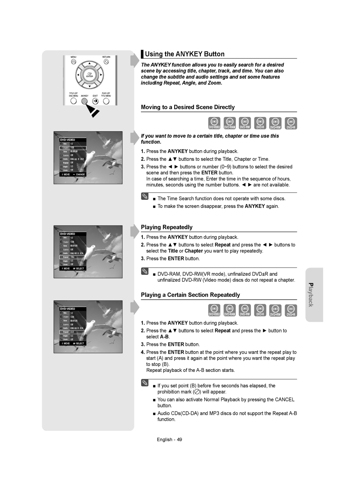 Samsung DVD-R155 instruction manual Using the Anykey Button, Moving to a Desired Scene Directly, Playing Repeatedly 