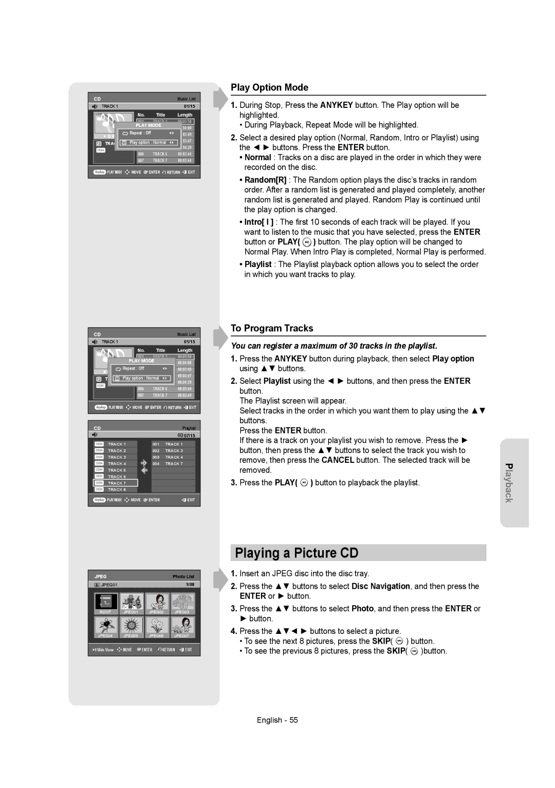 Samsung DVD-R155 instruction manual Playing a Picture CD, Play Option Mode, To Program Tracks 