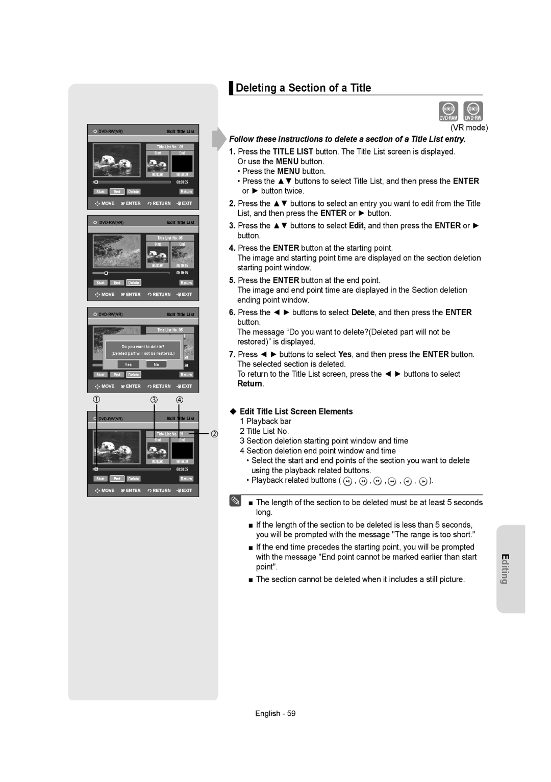 Samsung DVD-R155 instruction manual Deleting a Section of a Title, Edit Title List Screen Elements 