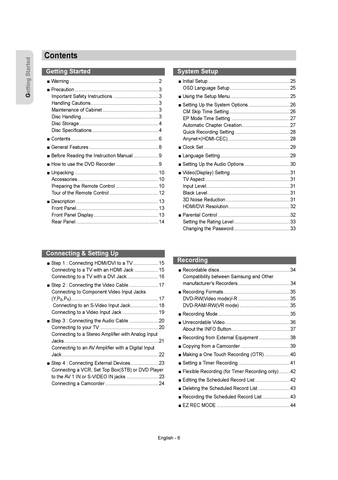 Samsung DVD-R155 instruction manual Contents 