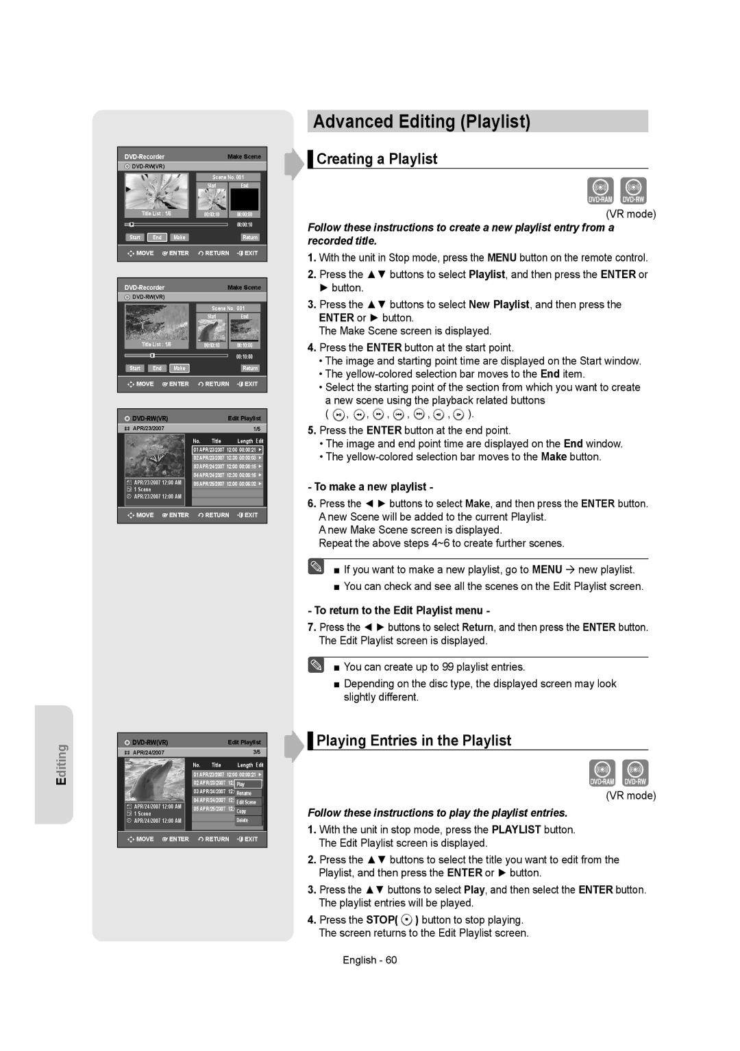 Samsung DVD-R155 instruction manual Advanced Editing Playlist, Creating a Playlist, Playing Entries in the Playlist 