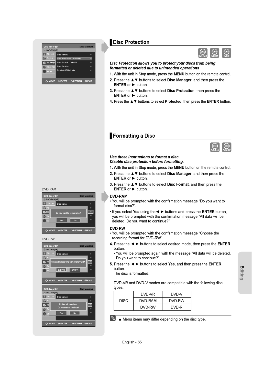 Samsung DVD-R155 instruction manual Disc Protection, Formatting a Disc, DVD-VR Disc DVD-RAM DVD-RW 