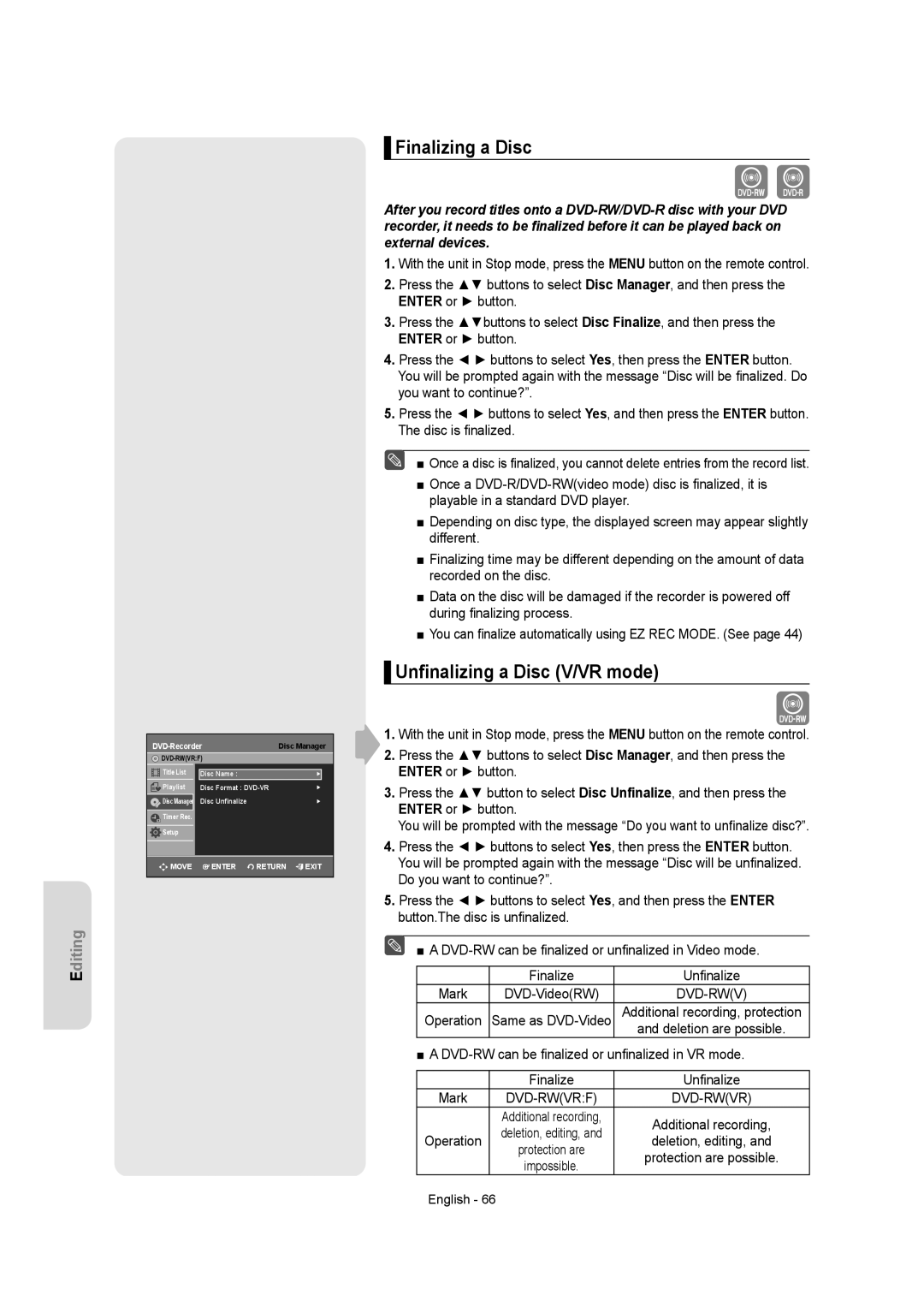 Samsung DVD-R155 instruction manual Finalizing a Disc, Unﬁnalizing a Disc V/VR mode, Dvd-Rwvrf 