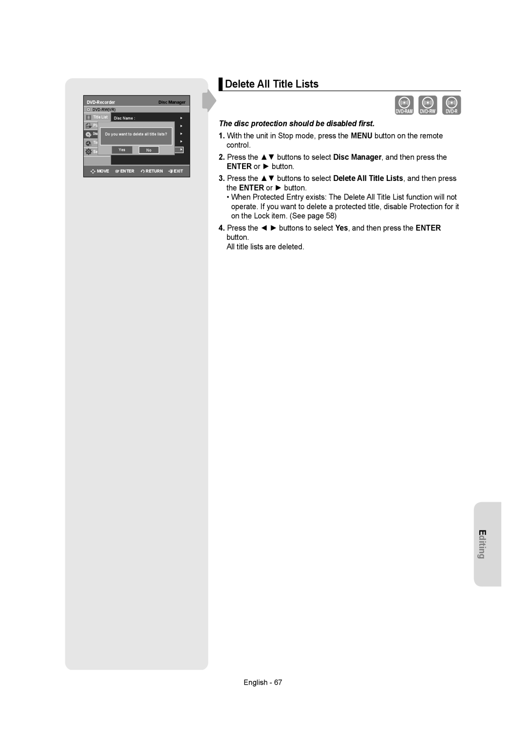 Samsung DVD-R155 instruction manual Delete All Title Lists, Disc protection should be disabled ﬁrst 