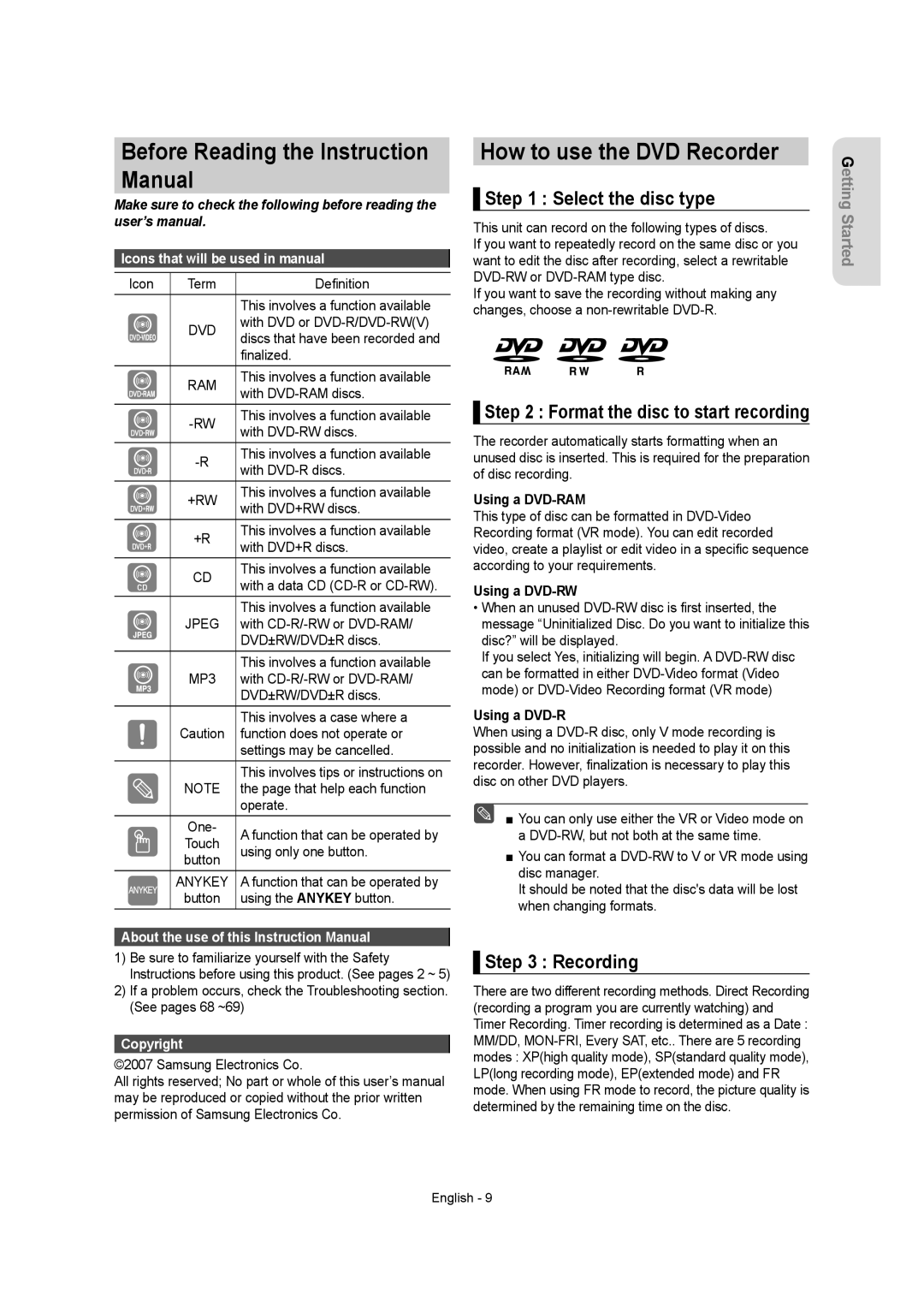 Samsung DVD-R155 instruction manual How to use the DVD Recorder, Select the disc type, Recording 