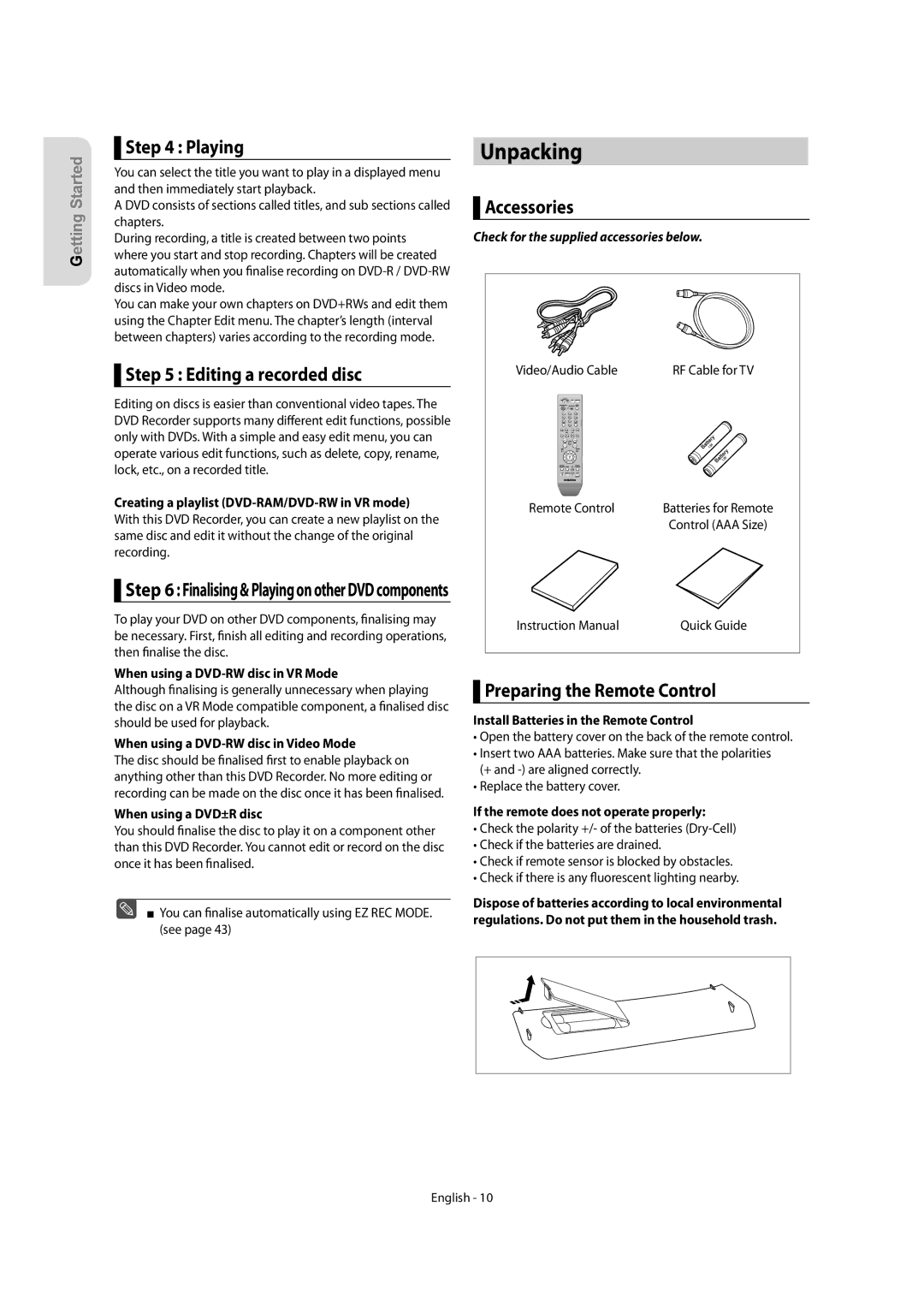 Samsung DVD-R155/XEC, DVD-R150/EUR Unpacking, Playing, Editing a recorded disc, Accessories, Preparing the Remote Control 