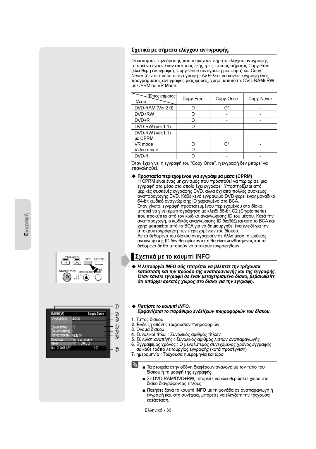 Samsung DVD-R155/XEC, DVD-R150/EUR, DVD-R155/EUR manual Σχετικά με το κουμπί Info, Σχετικά με σήματα ελέγχου αντιγραφής 