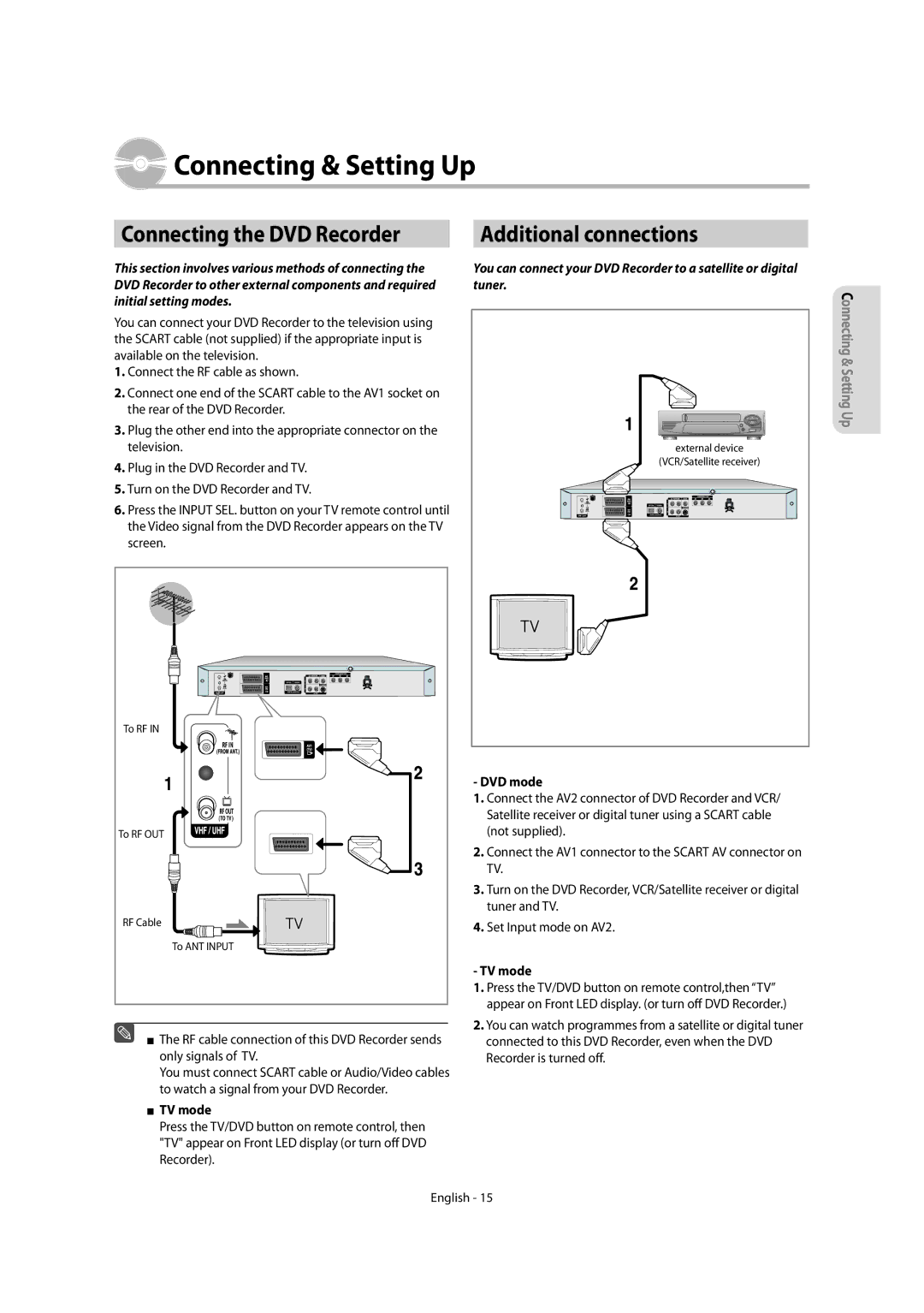 Samsung DVD-R155/AFR manual Connecting & Setting Up, Connecting the DVD Recorder, Additional connections, TV mode, DVD mode 