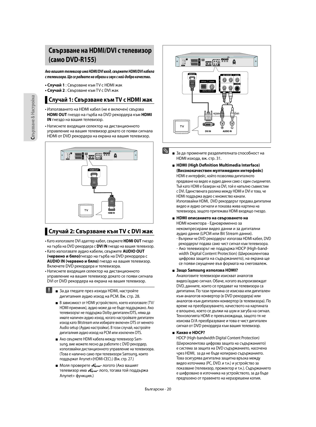 Samsung DVD-R155/AUS, DVD-R155/XEC, DVD-R150/EUR manual Свързване на HDMI/DVI с телевизор само DVD-R155, Какво е HDCP? 