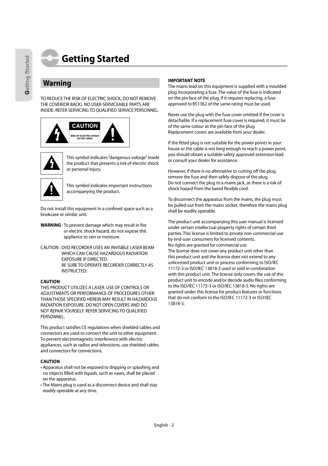 Samsung DVD-R155/EUR, DVD-R155/XEC Getting Started, Be Sure to Operate Recorder Correctly AS Instructed, Important Note 