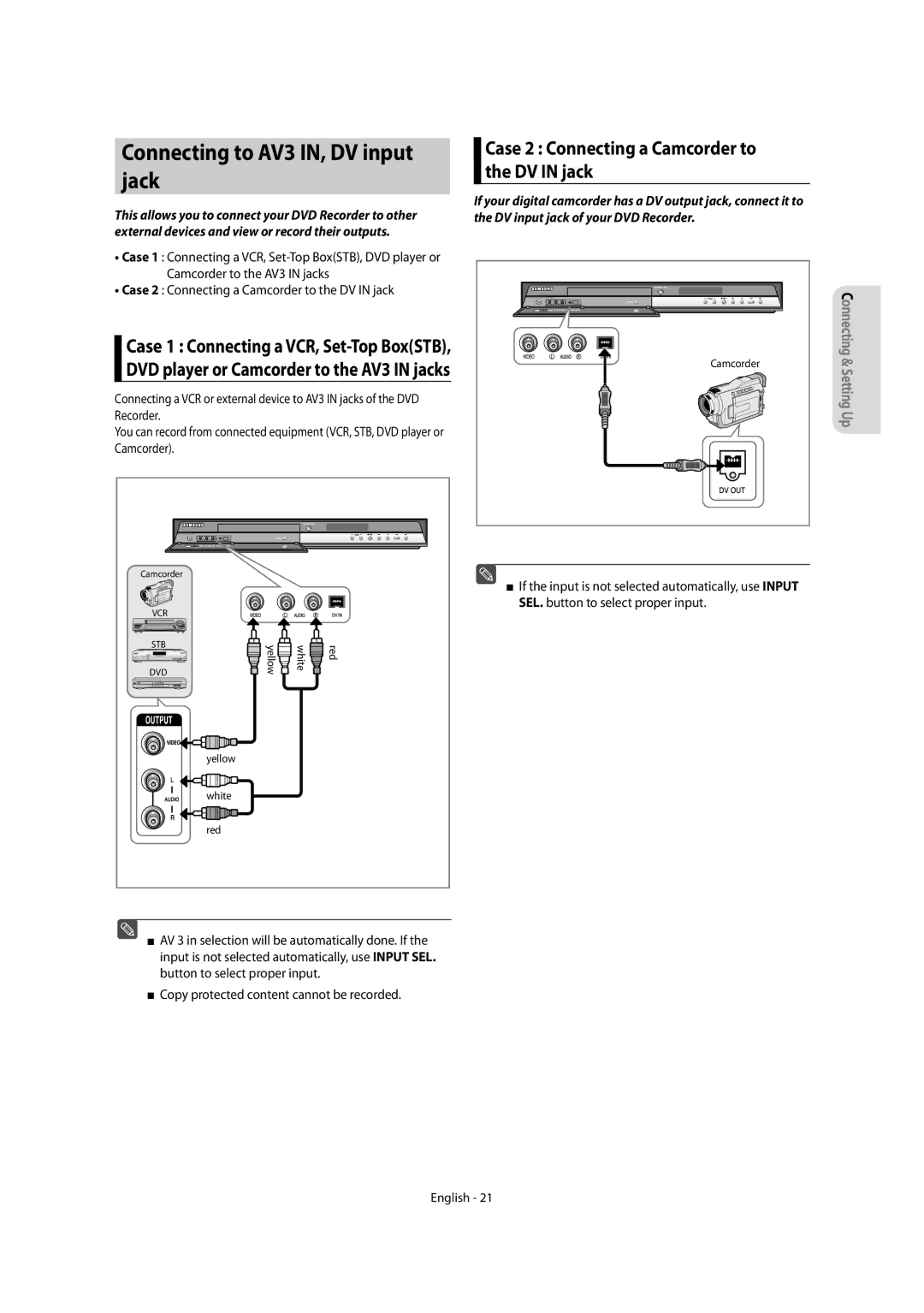 Samsung DVD-R150/EUR, DVD-R155/XEC Connecting to AV3 IN, DV input jack, Case 2 Connecting a Camcorder to the DV in jack 