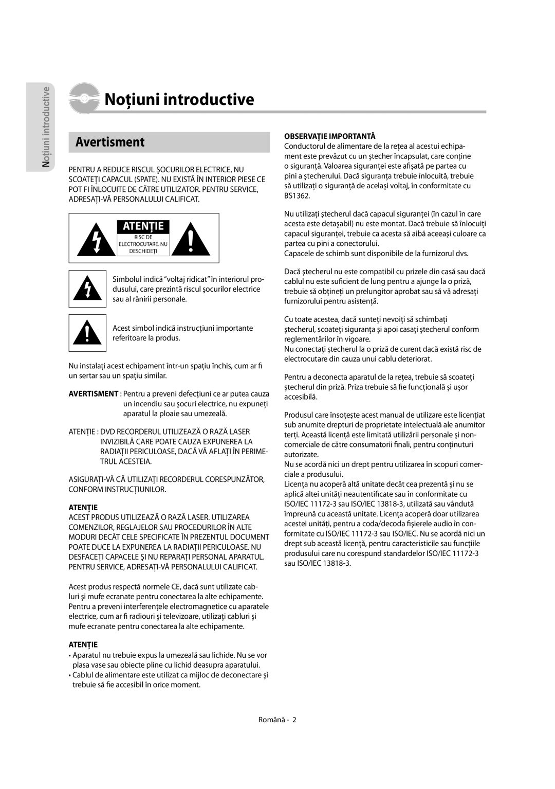 Samsung DVD-R155/AFR, DVD-R155/XEC, DVD-R150/EUR Noţiuni introductive, Avertisment, Observaţie Importantă, Atenţie, Română 