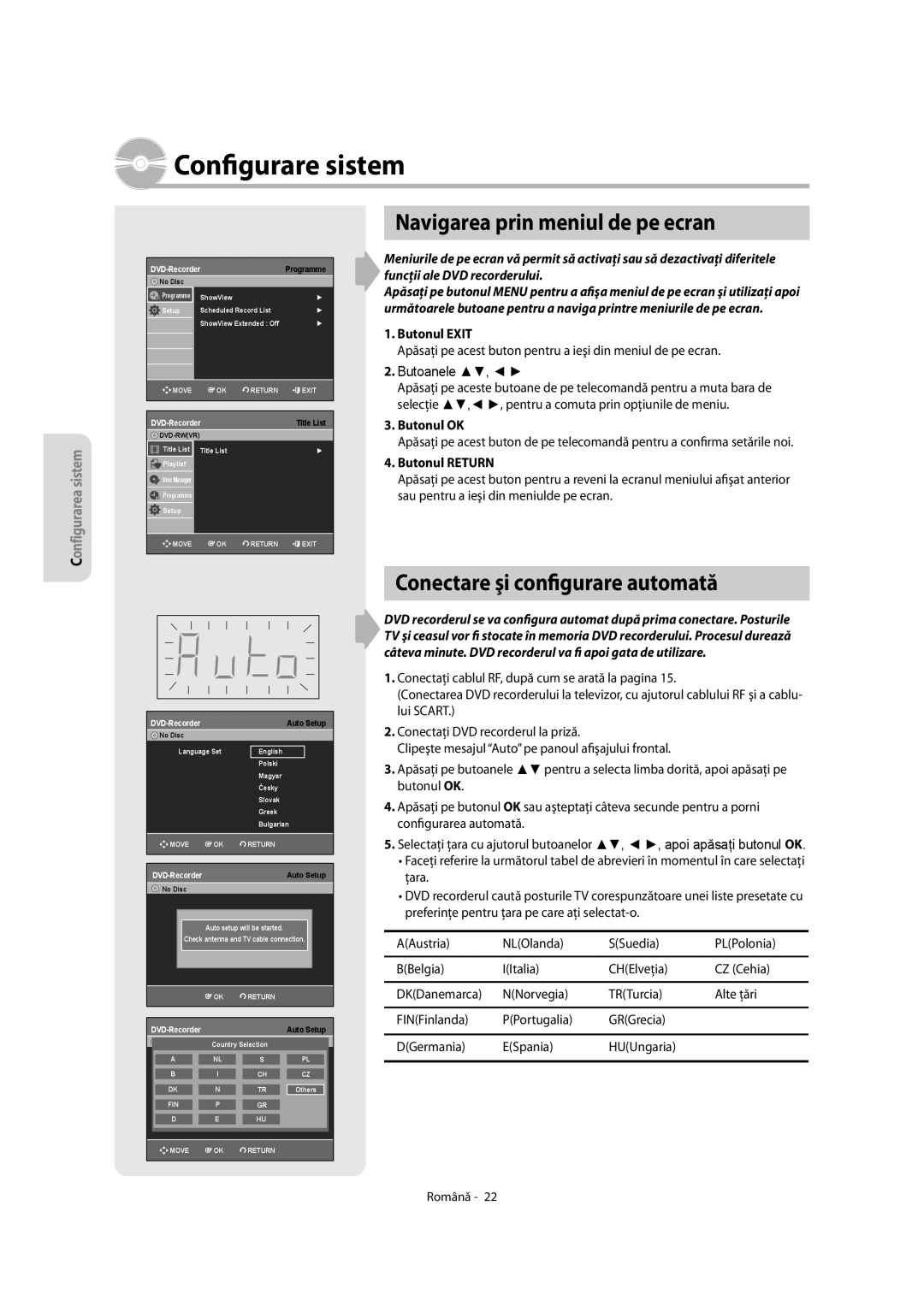 Samsung DVD-R155/AFR manual Configurare sistem, Navigarea prin meniul de pe ecran, Conectare şi configurare automată 