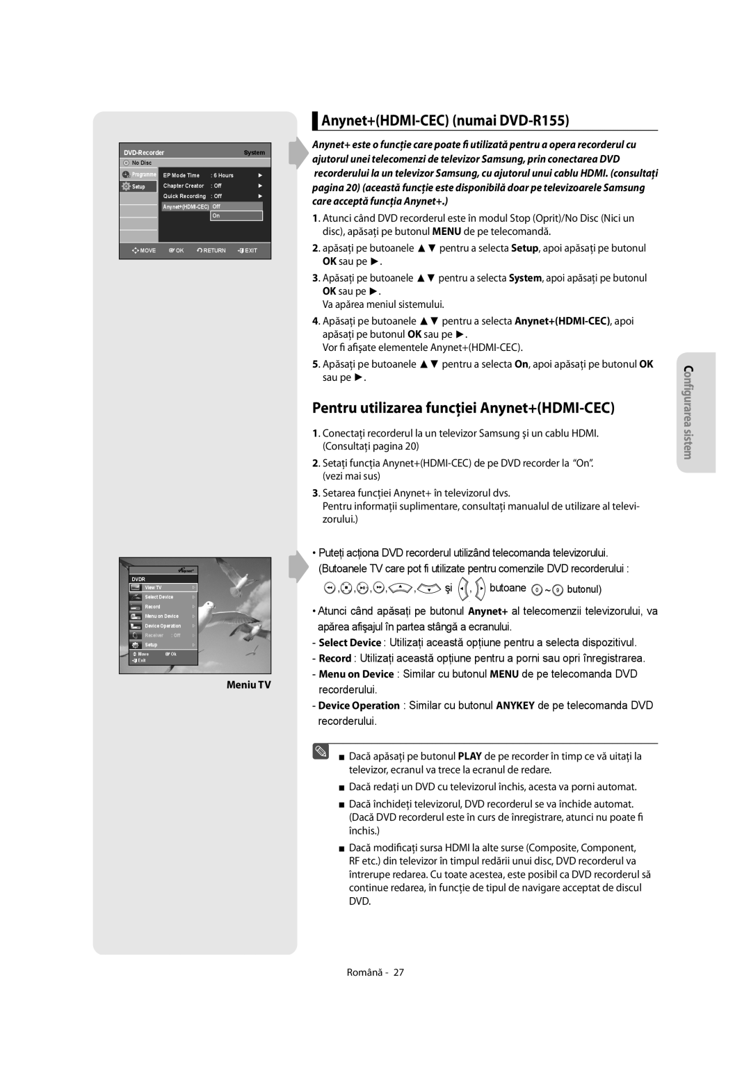 Samsung DVD-R155/XEC, DVD-R150/EUR Anynet+HDMI-CEC numai DVD-R155, Pentru utilizarea funcţiei Anynet+HDMI-CEC, Meniu TV 