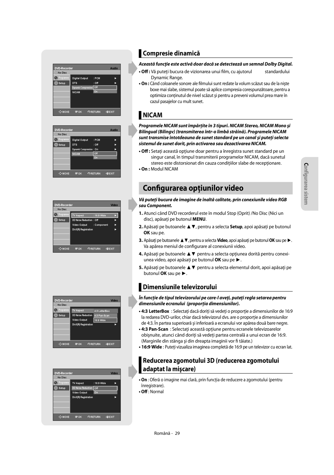 Samsung DVD-R155/EUR manual Configurarea opţiunilor video, Compresie dinamică, Dimensiunile televizorului, On Modul Nicam 