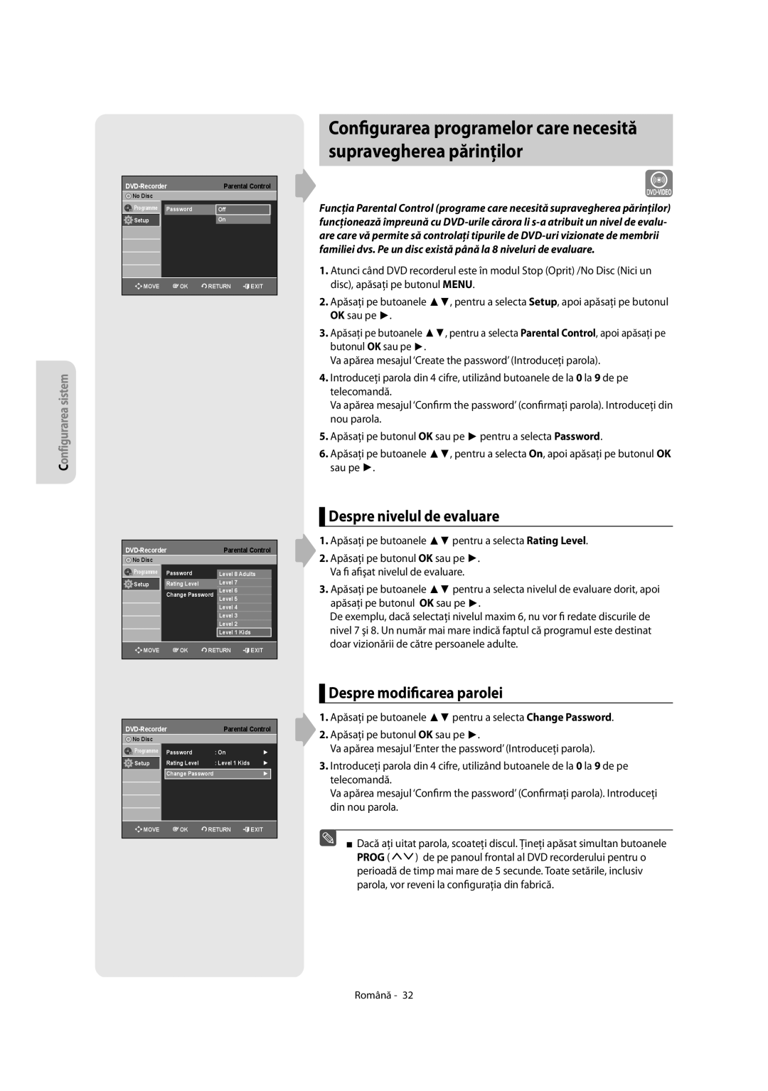 Samsung DVD-R155/AFR, DVD-R155/XEC, DVD-R150/EUR, DVD-R155/EUR manual Despre nivelul de evaluare, Despre modificarea parolei 