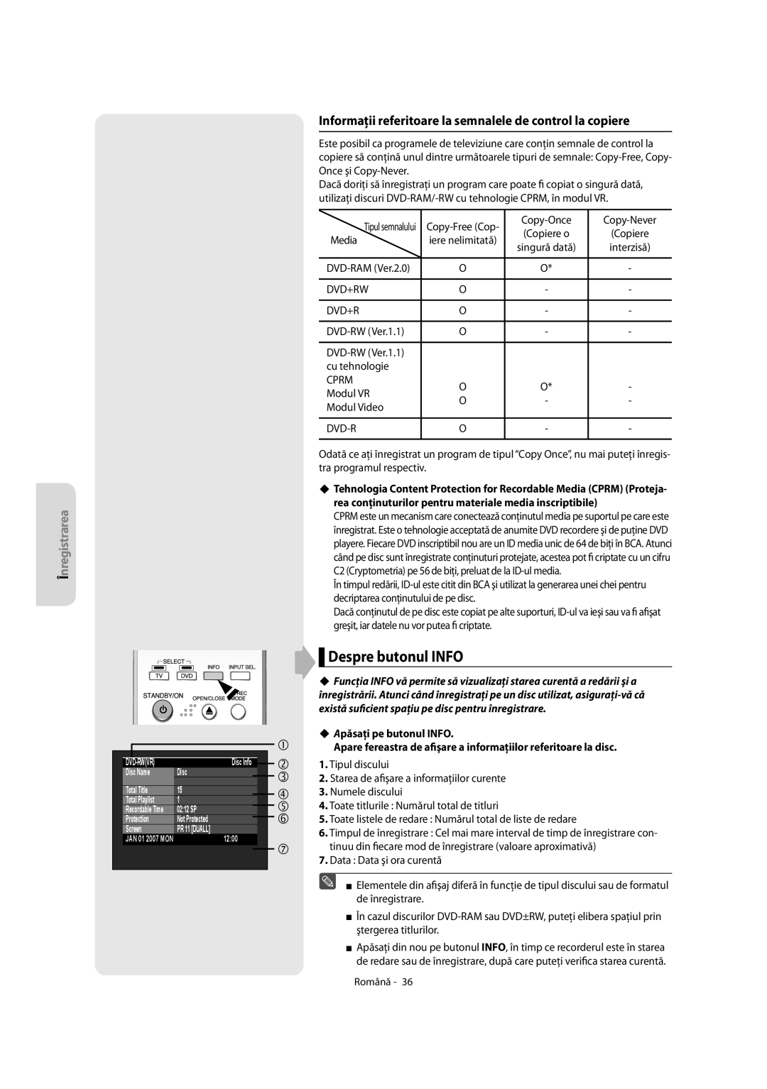 Samsung DVD-R155/AUS, DVD-R155/XEC Despre butonul Info, Informaţii referitoare la semnalele de control la copiere, Cprm 