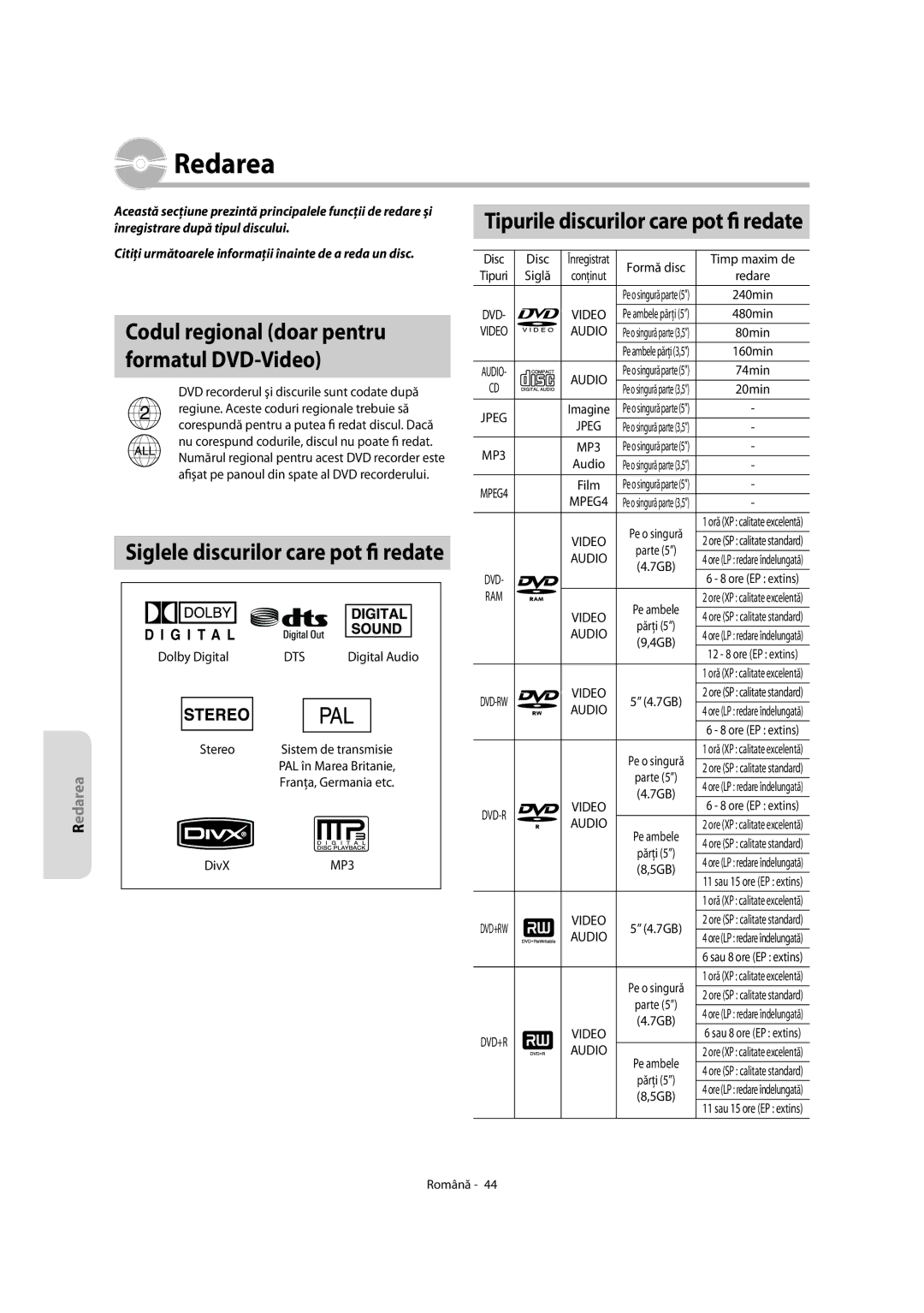 Samsung DVD-R150/AFR, DVD-R155/XEC manual Redarea, Tipurile discurilor care pot fi redate, Formă disc Timp maxim de, Film 