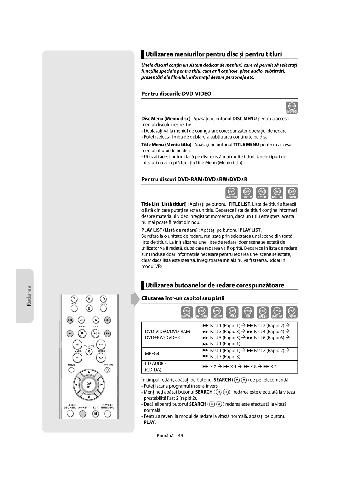 Samsung DVD-R155/AUS Utilizarea meniurilor pentru disc şi pentru titluri, Utilizarea butoanelor de redare corespunzătoare 