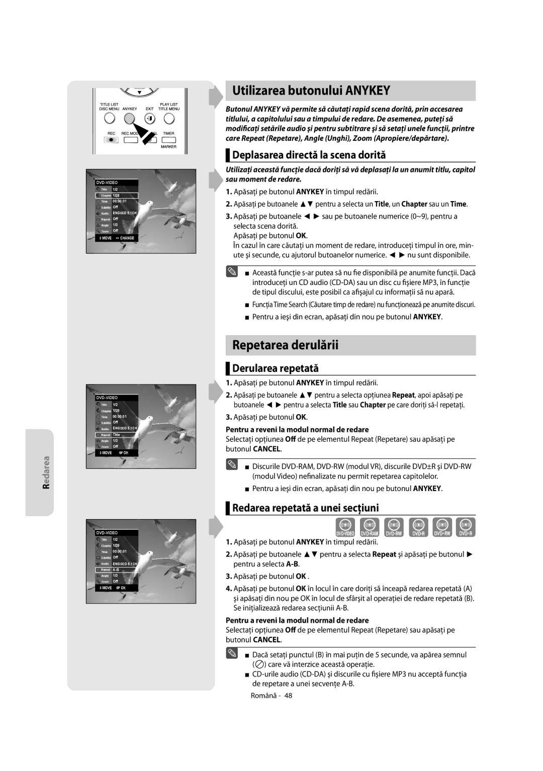 Samsung DVD-R150/EUR, DVD-R155/XEC Utilizarea butonului Anykey, Repetarea derulării, Deplasarea directă la scena dorită 