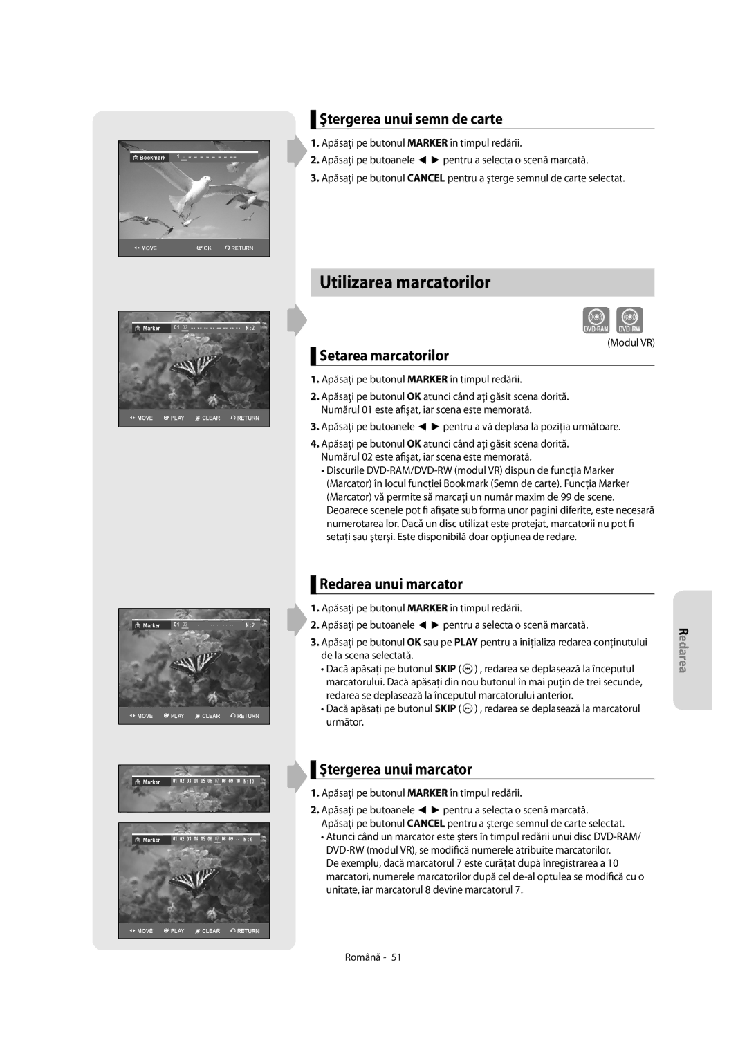 Samsung DVD-R155/XSG Utilizarea marcatorilor, Ştergerea unui semn de carte, Setarea marcatorilor, Redarea unui marcator 