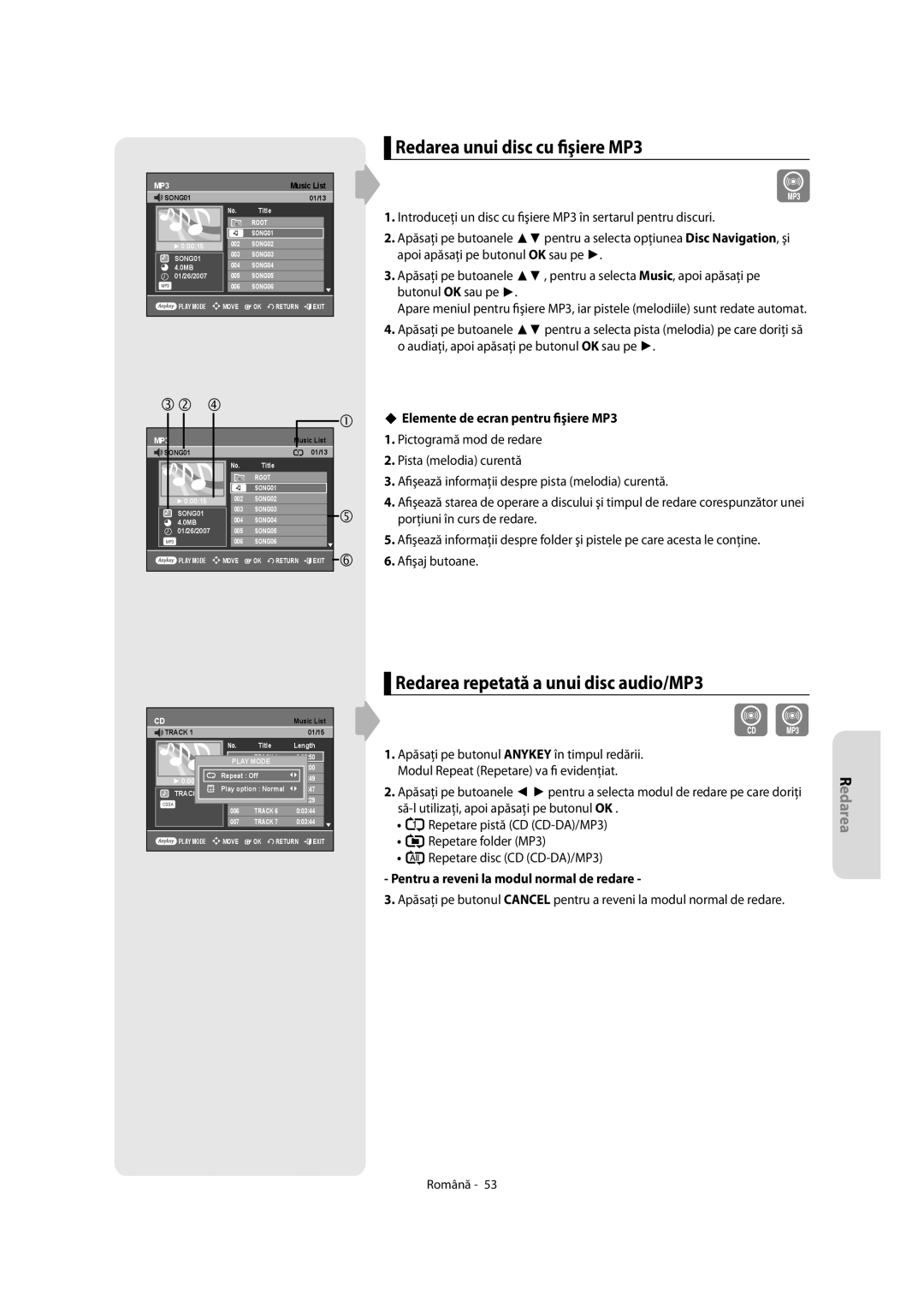 Samsung DVD-R155/HAC, DVD-R155/XEC, DVD-R150/EUR Redarea unui disc cu fişiere MP3, Redarea repetată a unui disc audio/MP3 