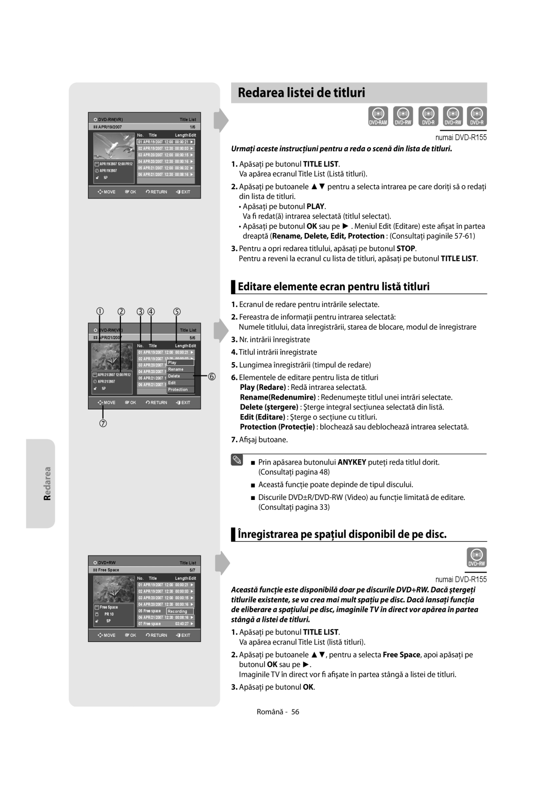 Samsung DVD-R155/AUS, DVD-R155/XEC, DVD-R150/EUR Redarea listei de titluri, Editare elemente ecran pentru listă titluri 