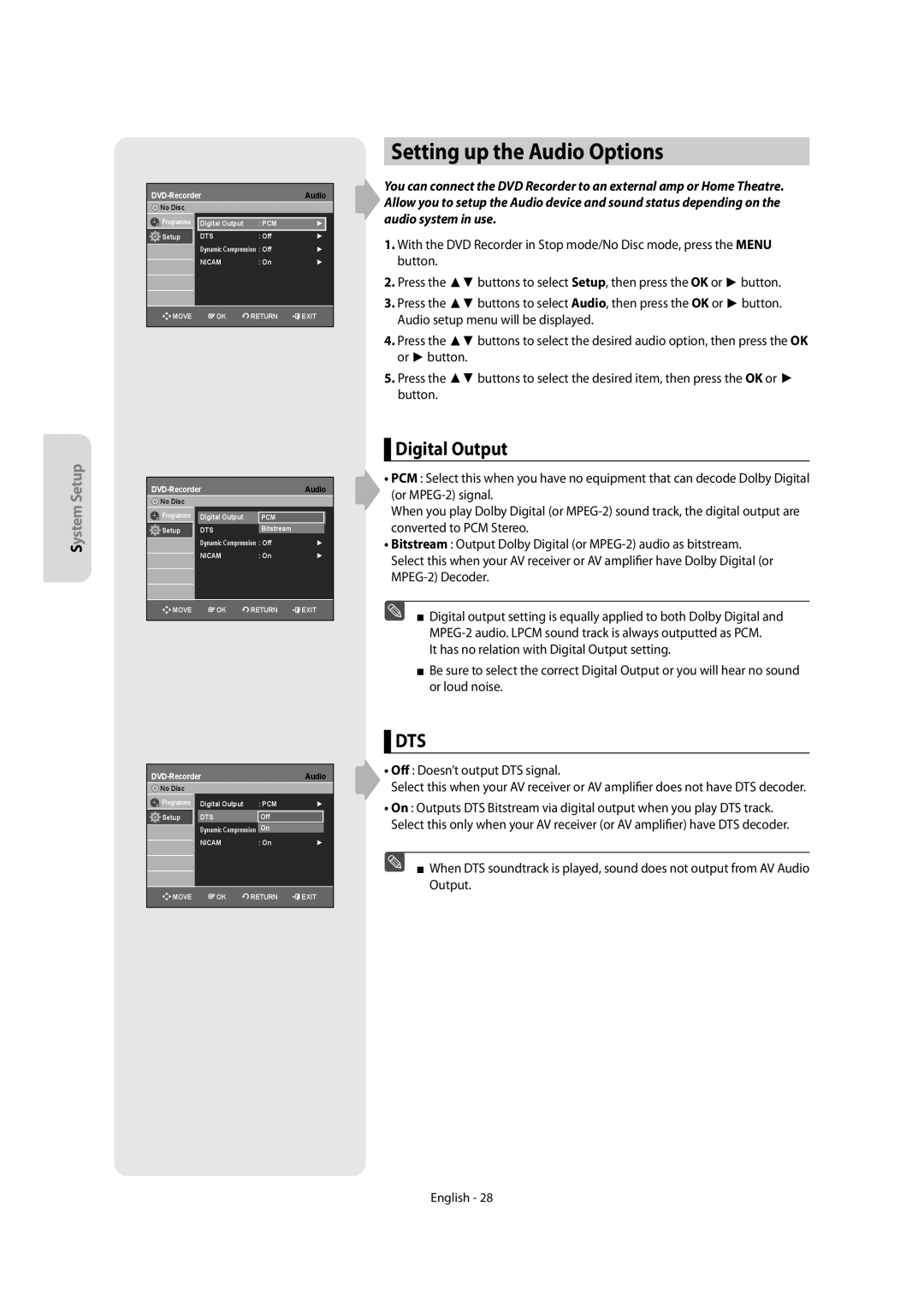 Samsung DVD-R150/AUS, DVD-R155/XEC, DVD-R150/EUR manual Setting up the Audio Options, Digital Output, DVD-Recorder Audio 