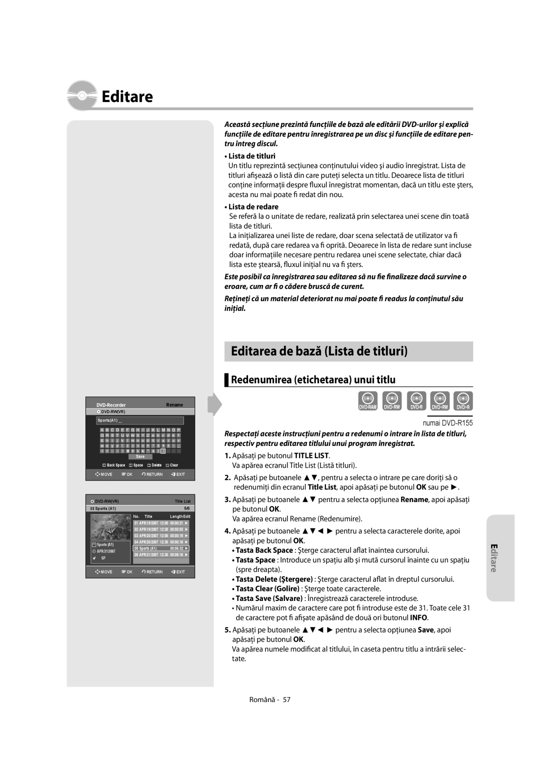 Samsung DVD-R155/XEC manual Editarea de bază Lista de titluri, Redenumirea etichetarea unui titlu, Lista de redare 