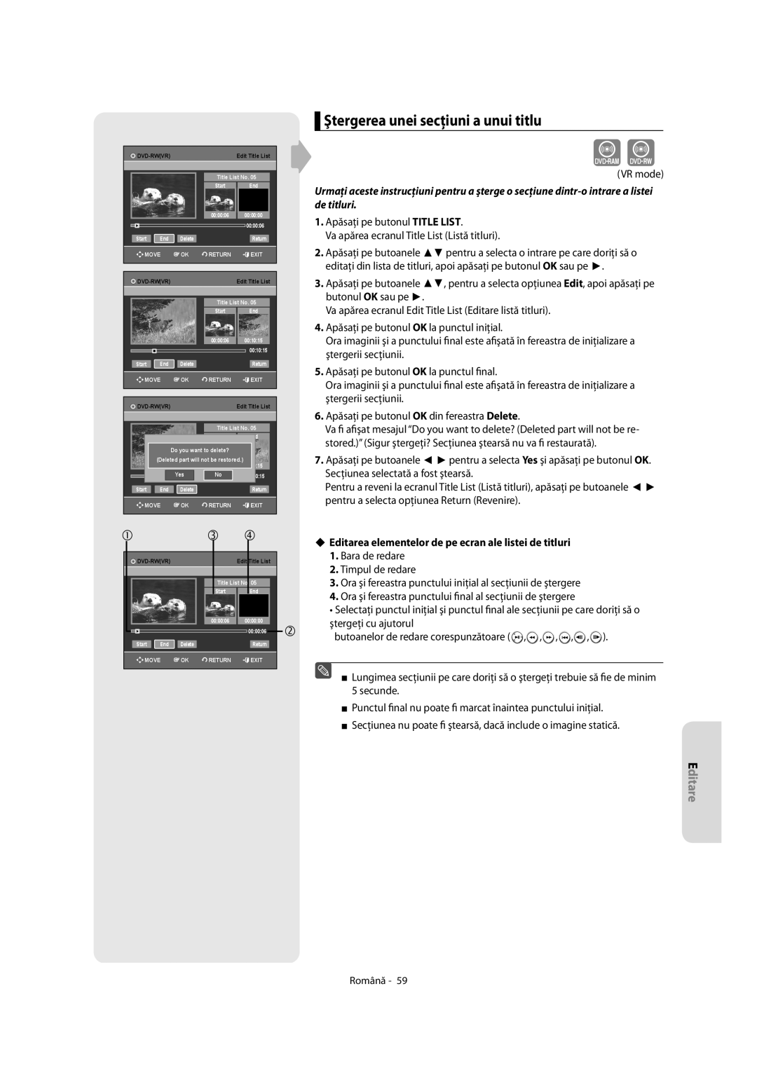 Samsung DVD-R155/EUR manual Ştergerea unei secţiuni a unui titlu, Editarea elementelor de pe ecran ale listei de titluri 