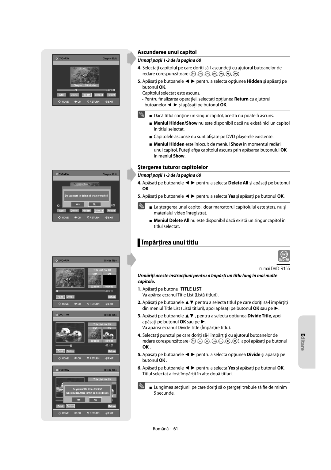 Samsung DVD-R155/XSG, DVD-R155/XEC manual Împărţirea unui titlu, Ascunderea unui capitol, Ştergerea tuturor capitolelor 