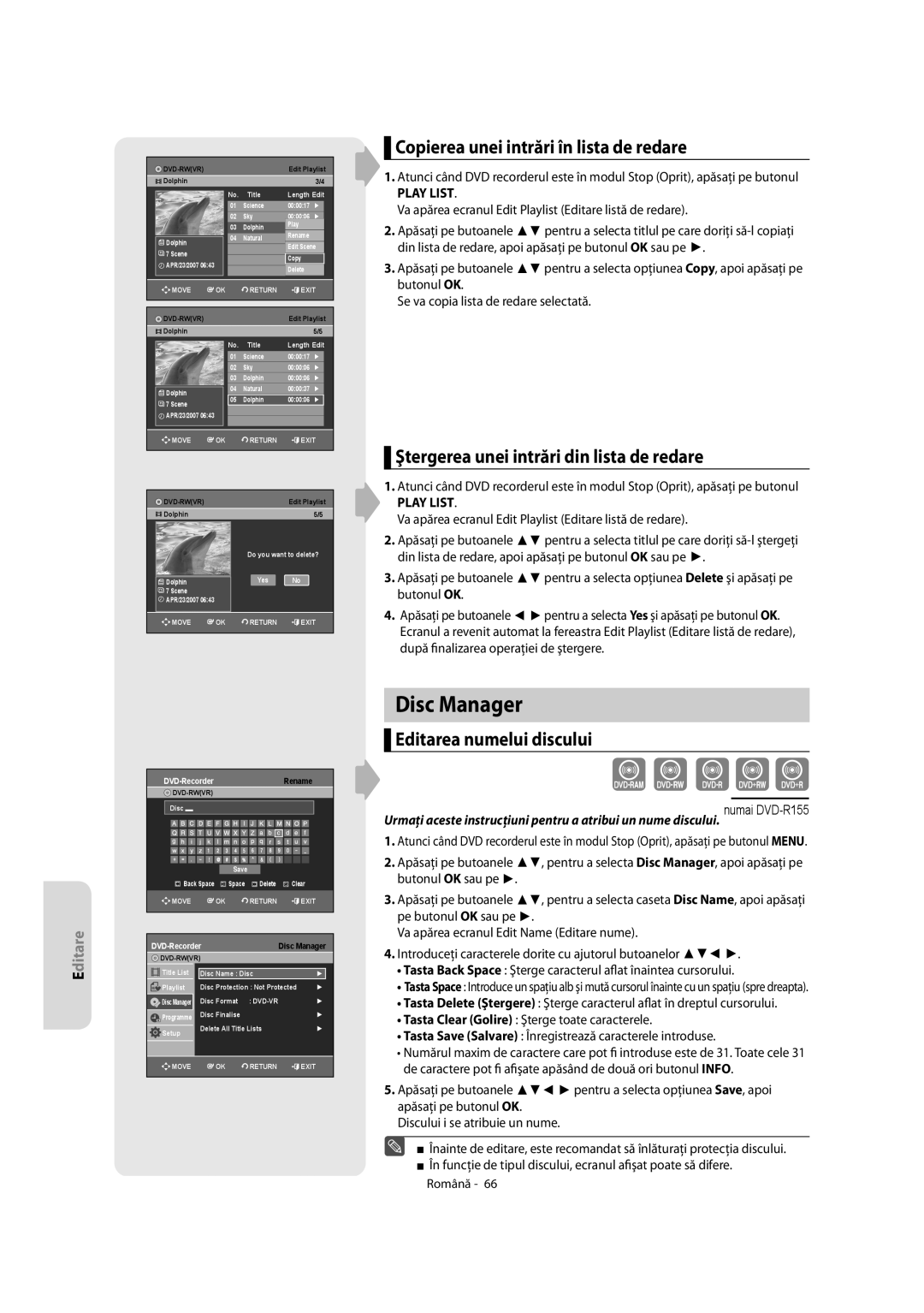 Samsung DVD-R155/AUS, DVD-R155/XEC Copierea unei intrări în lista de redare, Ştergerea unei intrări din lista de redare 