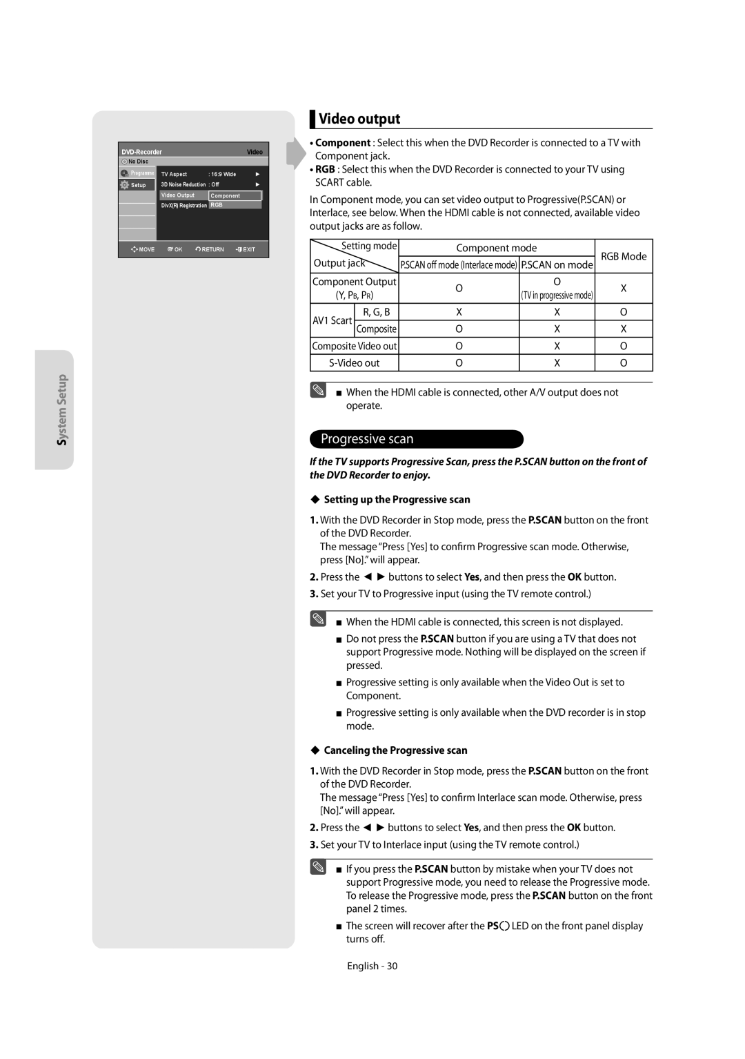 Samsung DVD-R155/XEC Video output, Output jack, Composite, Setting up the Progressive scan, Canceling the Progressive scan 