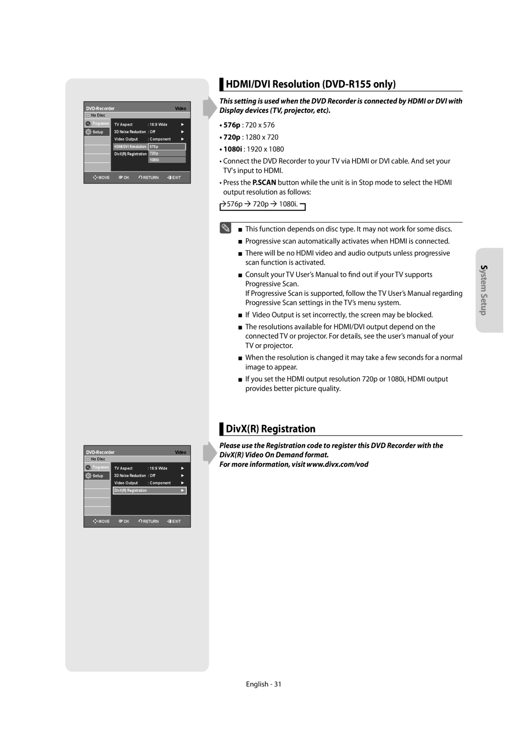 Samsung DVD-R150/EUR, DVD-R155/XEC, DVD-R155/EUR, DVD-R150/XEC manual HDMI/DVI Resolution DVD-R155 only, DivXR Registration 